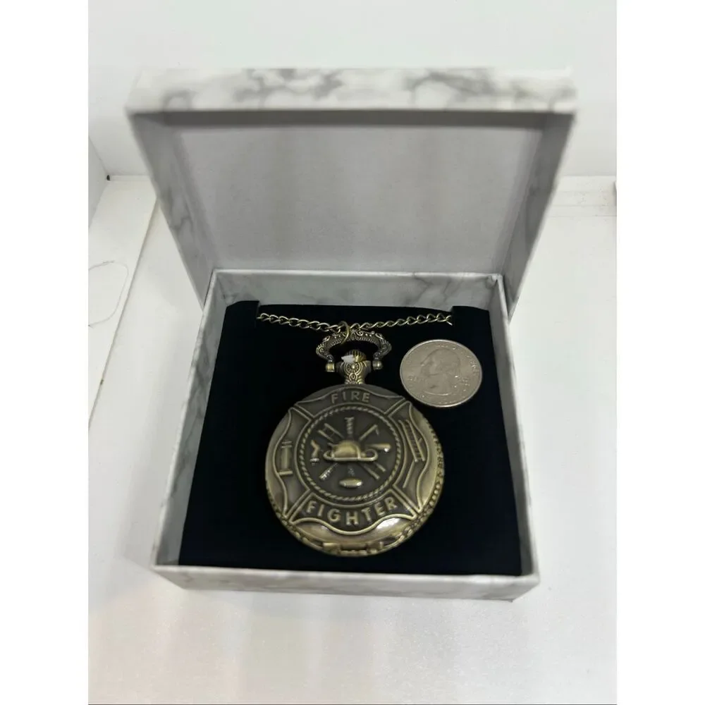 🚒 Firefighter Pocket Watch Necklace – Antique Bronze – Fire Dept Gift – With Bo
